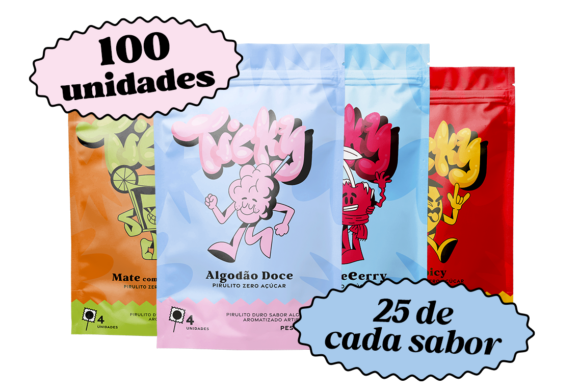 Pirulito Zero Açúcar - Mix (Algodão Doce, Cherry, Spicy e Mate) - Pack 100 Pouches (400 Unidades)