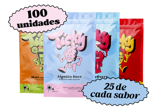 Pirulito Zero Açúcar - Mix (Algodão Doce, Cherry, Spicy e Mate) - Pack 100 Pouches (400 Unidades)