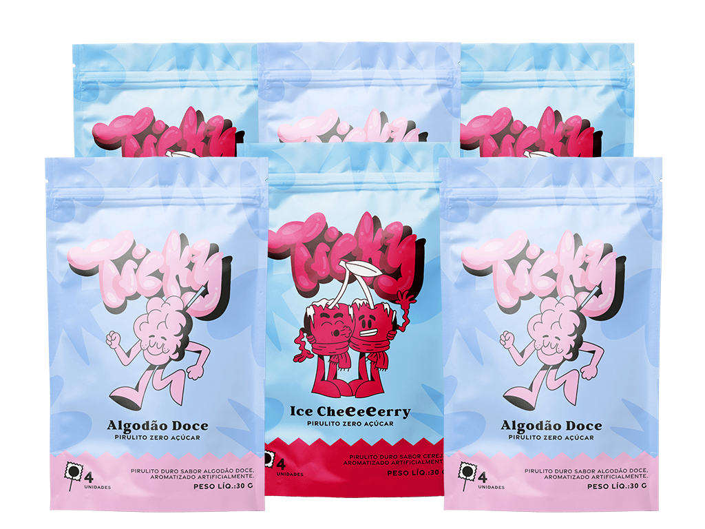 Pirulito Zero Açúcar - Mix (Algodão Doce e Ice Cherry) - Pack 6 Pouches (24 Unidades)