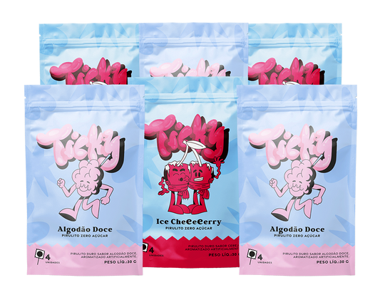Pirulito Zero Açúcar - Mix (Algodão Doce e Ice Cherry) - Pack 6 Pouches (24 Unidades)