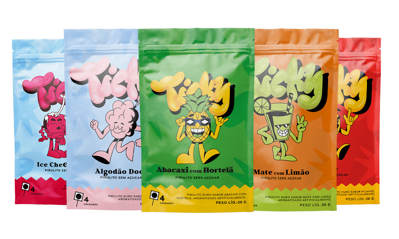 Pirulito Zero Açúcar - Mix (Algodão Doce, Cherry, Spicy, Abacaxi com Hortelã e Mate) - Pack 5 Pouches (20 Unidades)