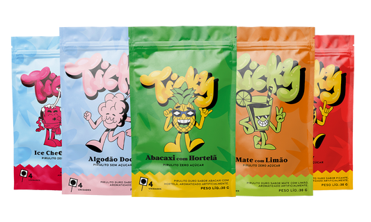 Pirulito Zero Açúcar - Mix (Algodão Doce, Cherry, Spicy, Abacaxi com Hortelã e Mate) - Pack 5 Pouches (20 Unidades)