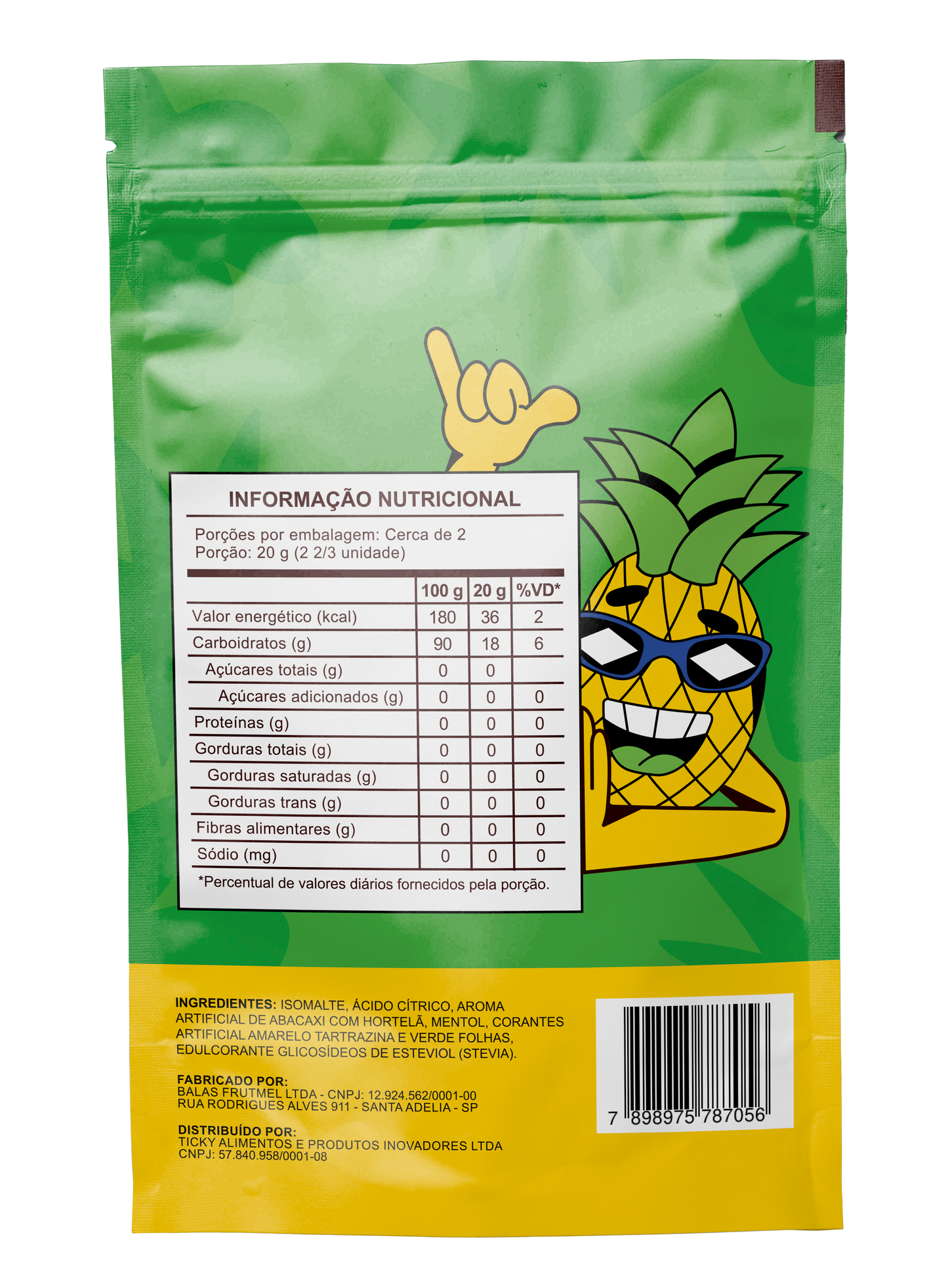 Pirulito Zero Açúcar - Sabor Abacaxi com Hortelã - Pack 4 Pouches (16 Unidades)