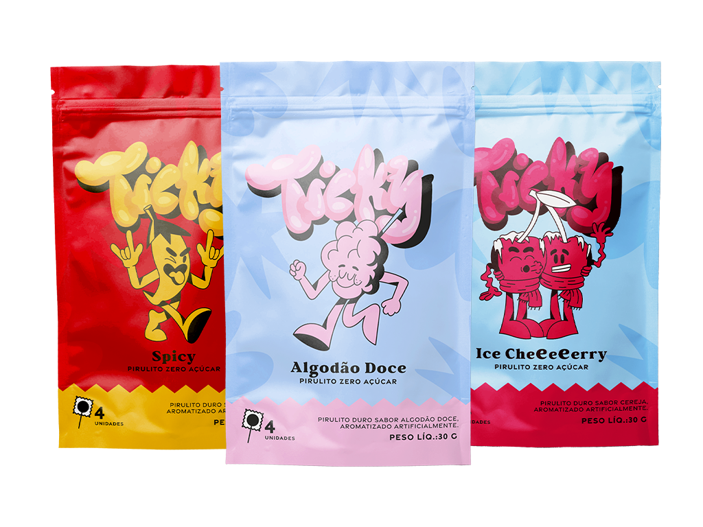 Pirulito Zero Açúcar - Mix (Algodão Doce, Cherry e Spicy) - Pack 3 Pouches (12 Unidades)