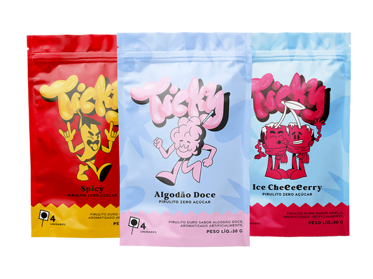 Pirulito Zero Açúcar - Mix (Algodão Doce, Cherry e Spicy) - Pack 3 Pouches (12 Unidades)