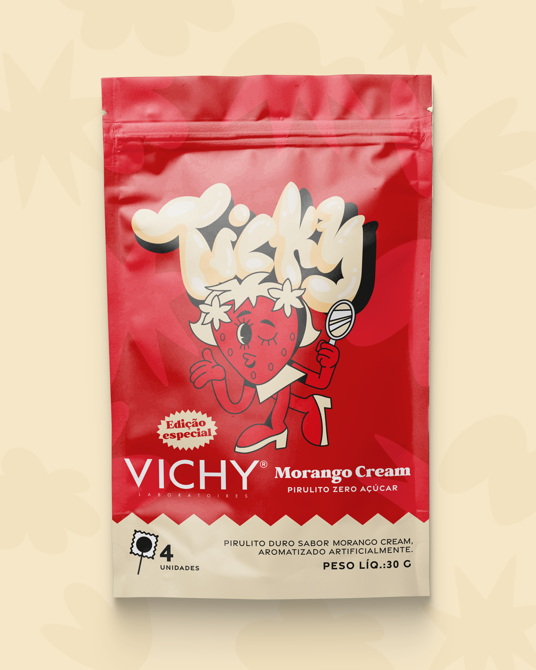 Pirulito Zero Açúcar - Sabor Morango Cream - Pack 4 Pouches (16 Unidades)