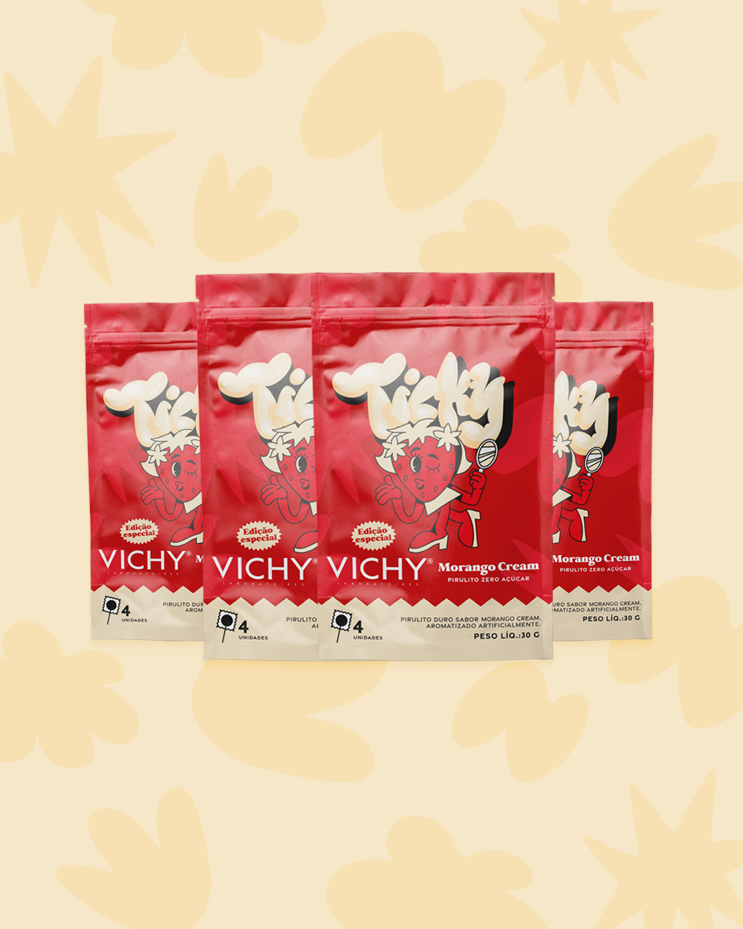 Pirulito Zero Açúcar - Sabor Morango Cream - Pack 4 Pouches (16 Unidades)