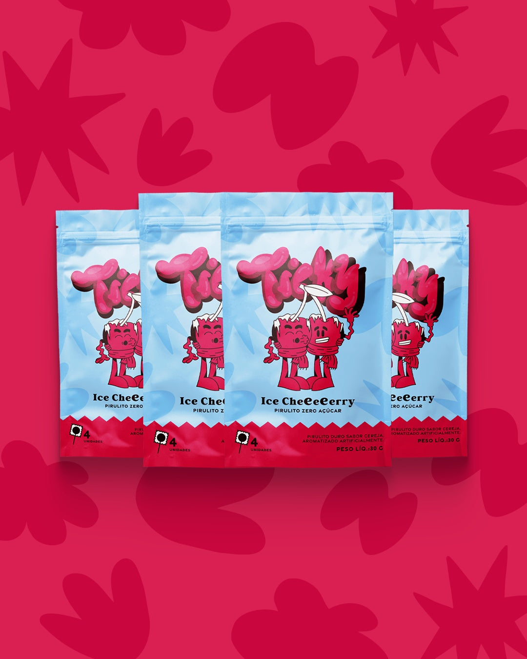 Pirulito Zero Açúcar - Sabor Ice Cherry - Pack 4 Pouches (16 Unidades)